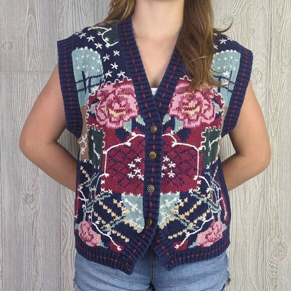 White Stag Womens Size Large Crocheted Embroidered Vest Floral Pattern Blue - Picture 2 of 8